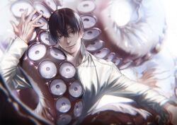 Rule 34 | 1boy, artist name, black eyes, black hair, black shirt, chainsaw man, closed mouth, collared jacket, ear piercing, hair between eyes, hand up, highres, jacket, long sleeves, looking at viewer, male focus, mole, mole under mouth, piercing, shirt, short hair, simple background, smile, suction cups, tentacles, twitter username, w55674570w, white background, white jacket, yoshida hirofumi