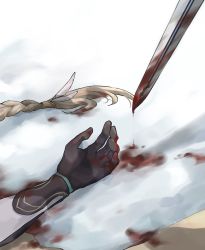 Rule 34 | 1boy, aether (genshin impact), black gloves, blonde hair, blood, blood on ground, bloody weapon, braid, corpse, genshin impact, gloves, highres, implied death, long hair, lying, male focus, out of frame, outdoors, shiraishi (siraisi00), single braid, snow, solo focus, sword, twitter username, weapon