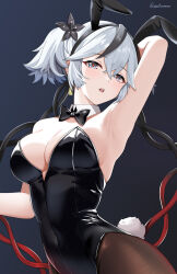 1girl :o alternate_costume animal_ear_hairband animal_ears arm_behind_head arm_up armpits bare_shoulders black_bow black_bowtie black_eyes black_flower black_leotard black_pantyhose blake_bloom_(wuthering_waves) bow bowtie breasts camellya_(wuthering_waves) collar commentary covered_navel cowboy_shot detached_collar earrings fake_animal_ears fake_tail flower gold_earrings hair_between_eyes hair_flower hair_ornament hair_vines hairband highres jewelry large_breasts leotard looking_at_viewer open_mouth pantyhose playboy_bunny rabbit_ears rabbit_tail red_pupils short_hair signature solo strapless strapless_leotard tail twitter_username twomoon white_collar white_hair wuthering_waves