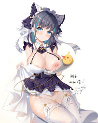 Rule 34 | 1girl, after paizuri, animal ears, apron, aqua eyes, aqua hair, areola slip, azur lane, bad id, bad pixiv id, black hair, blush, breasts, cheshire (azur lane), cleavage, closed mouth, cum, cum on body, cum on breasts, cum on upper body, detached sleeves, dress, earrings, garter straps, highres, jewelry, large breasts, lifted by self, looking at viewer, maid, maid headdress, manjuu (azur lane), miaogujun, multicolored hair, nipples, no panties, puffy sleeves, purple apron, ribbon, simple background, sitting, smile, solo, streaked hair, thighhighs, white background, white dress, white thighhighs, wrist cuffs