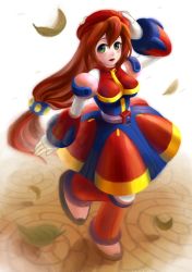 Rule 34 | 0000zero0000, 1girl, android, beret, blush, breasts, brown hair, dress, female focus, full body, gloves, green eyes, hair between eyes, hand on headwear, hat, iris (mega man), leaf, leg up, long hair, looking at viewer, low-tied long hair, medium breasts, open mouth, mega man (series), mega man x (series), mega man x4, smile, solo, standing, very long hair