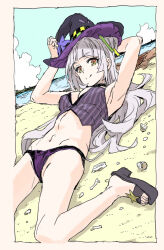 Rule 34 | 1girl, bare arms, beach, border, breasts, closed mouth, cloud, grey hair, groin, hair ornament, hat, highres, hololive, horizon, long hair, looking at viewer, lying, murasaki shion, navel, nobita (makoto7060355), on back, orange eyes, outdoors, panties, purple hat, purple panties, purple vest, sand, sandals, seashell, shell, sitting, small breasts, smile, solo, underwear, vest, virtual youtuber, wariza, witch hat