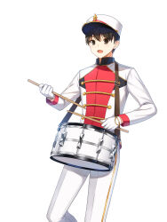 Rule 34 | 1boy, band uniform, black eyes, black hair, buttons, closers, collared jacket, cowboy shot, double-breasted, drumsticks, gloves, hat, high collar, highres, holding, holding drumsticks, jacket, leg up, long sleeves, looking at viewer, male focus, marching band, official art, open mouth, pants, seha lee, shako cap, short hair, single vertical stripe, snare drum, solo, standing, standing on one leg, uniform, white background, white gloves, white headwear, white jacket, white pants