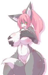 Rule 34 | 1girl, breasts, cleft of venus, female focus, fox, furry, furry female, green eyes, highres, long hair, open mouth, pink hair, ponytail, pussy, simple background, solo, white background, yuuki haru (nyawate-sou)