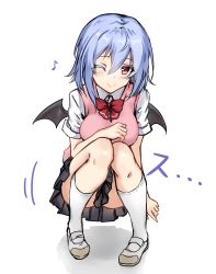 Rule 34 | 1girl, ;), absurdres, alternate costume, amagi (amagi626), ass, bat wings, black skirt, blue hair, bow, bowtie, breasts, colored eyelashes, commentary request, contemporary, eighth note, full body, hair between eyes, highres, knees up, looking at viewer, mary janes, medium breasts, miniskirt, musical note, no headwear, one eye closed, pink vest, pleated skirt, red bow, red bowtie, red eyes, remilia scarlet, school uniform, shadow, shirt, shoes, short hair, short sleeves, simple background, skirt, smile, solo, squatting, sweater vest, thighs, touhou, translation request, vest, white background, white footwear, white shirt, wings