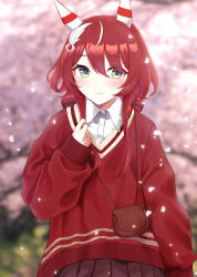 Rule 34 | 1girl, absurdres, alternate costume, animal ears, blurry, blurry background, cherry blossoms, closed mouth, commentary request, green eyes, hair between eyes, hair ornament, highres, horse ears, horse girl, kanameyuzuriha, looking at viewer, low twintails, petals, red hair, ribbon, smile, solo, twintails, umamusume, win variation (umamusume)