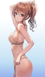 Rule 34 | 1girl, bang dream!, beige bikini, bikini, blue eyes, breasts, brown hair, closed mouth, cowboy shot, earrings, female focus, from side, hair ribbon, highres, holding, holding own hair, jewelry, long hair, looking at viewer, lunacle, neck, ponytail, ribbon, shiny skin, sideboob, simple background, smile, solo, swimsuit, thighs, yamabuki saya
