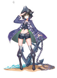 Rule 34 | 1girl, absurdres, alternate costume, anchor, anchor symbol, arm up, bad id, bad pixiv id, belt, black footwear, black hair, black hat, black shorts, black vest, blue coat, boots, chain, coat, commentary request, crop top, full body, green eyes, grey belt, grey thighhighs, hair between eyes, hat, head tilt, highres, knee boots, long sleeves, looking at viewer, midriff, murasa minamitsu, mxr, navel, open clothes, open coat, salute, short hair, short shorts, shorts, simple background, smile, solo, standing, stomach, striped clothes, striped thighhighs, thighhighs, thighs, touhou, tricorne, vertical-striped clothes, vertical-striped thighhighs, vest, water, white background