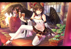 Rule 34 | 1girl, alternate costume, bare shoulders, bird wings, black wings, bonsai, book, brown eyes, brown hair, bug, butterfly, chinese clothes, cibo (killy), flower, hair flower, hair ornament, hat, hat ribbon, highres, insect, letterboxed, light smile, lolita fashion, long sleeves, pillar, pom pom (clothes), qi lolita, ribbon, shameimaru aya, shirt, shoot the bullet, sitting, skirt, solo, thighhighs, tokin hat, touhou, white thighhighs, wide sleeves, wings, zettai ryouiki