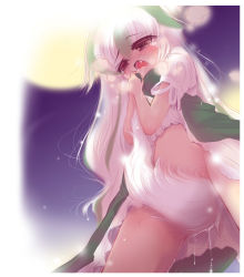 Rule 34 | 1girl, blush, clothes lift, covering privates, covering crotch, dress, dress lift, ex-keine, fang, female focus, green hair, kamishirasawa keine, lifted by self, moon, no panties, pussy juice, pussy juice drip, red eyes, short dress, solo, sparkle, tail, tears, touhou, usoneko, wet