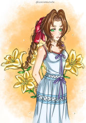 Rule 34 | 1girl, absurdres, aerith gainsborough, arms behind back, blue dress, braid, breasts, brown hair, caramelmochapie, crisis core final fantasy vii, dress, final fantasy, final fantasy vii, flower, green eyes, hair ribbon, highres, lily (flower), long hair, medium breasts, parted bangs, parted lips, pink ribbon, ribbon, sidelocks, sleeveless, sleeveless dress, solo, square enix, wavy hair, white dress, yellow flower