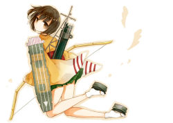 Rule 34 | 10s, 1girl, arrow (projectile), bow (weapon), brown eyes, flight deck, full body, hiryuu (kancolle), japanese clothes, kantai collection, kimono, kimono skirt, looking at viewer, looking back, pleated skirt, skirt, solo, weapon, wide sleeves, yon (letter)