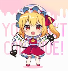 Rule 34 | 1girl, :d, ascot, blonde hair, chibi, commentary request, crystal, flandre scarlet, full body, hat, highres, laevatein (touhou), long sleeves, looking at viewer, mob cap, open mouth, red eyes, red skirt, ruhika, short hair, side ponytail, skirt, smile, solo, standing, touhou, white hat, wings, yellow ascot