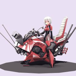 Rule 34 | 1girl, arm support, black bodysuit, blunt bangs, bob cut, bodysuit, closed mouth, commentary request, hover bike, ikeda (hayato), light smile, long sleeves, looking at viewer, original, purple background, red eyes, riding, rising sun flag, shadow, short hair, simple background, sitting, solo, sunburst, translation request, vehicle, white hair
