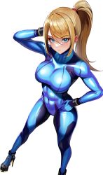 Rule 34 | 1girl, abs, arm up, blonde hair, blue bodysuit, blue eyes, bodysuit, breasts, closed mouth, expressionless, foot out of frame, from above, hand on own hip, high heels, high ponytail, highres, large breasts, long hair, looking at viewer, metroid, nintendo, ponytail, samus aran, simple background, skin tight, solo, volyz, white background, zero suit