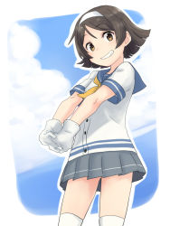 Rule 34 | 10s, 1girl, @@@, bad id, bad pixiv id, blouse, blue sky, brown hair, cowboy shot, gloves, hairband, kantai collection, looking at viewer, outside border, pleated skirt, school uniform, serafuku, shirt, short hair, short sleeves, skirt, sky, smile, solo, stretching, tanikaze (kancolle), thighhighs, white gloves, white shirt