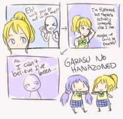 Rule 34 | &gt; &lt;, 10s, 4koma, arm behind head, ayase eli, blonde hair, blue eyes, bow, chibi, comic, english text, closed eyes, letter, long hair, love letter, love live!, love live! school idol project, low twintails, plaid, plaid skirt, ponytail, pun, purple hair, skirt, smile, tojo nozomi, twintails, very long hair, walfie, wavy mouth, yuri, | |