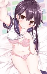 Rule 34 | 10s, 1girl, 3:, arm up, armpit peek, bed sheet, black hair, blue skirt, blush, bow, bow bra, bra, breasts, brown eyes, cleavage, closed mouth, clothes lift, commentary request, copyright request, dutch angle, floral print, hair between eyes, hamaken. (novelize), kantai collection, knees together feet apart, large breasts, long hair, looking at viewer, navel, on bed, panties, pink bra, pink panties, reaching, reaching towards viewer, sailor collar, school uniform, selfie, serafuku, shirt lift, short sleeves, sitting, skirt, unworn skirt, solo, thighs, underwear, undressing, ushio (kancolle), white bow