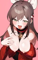 Rule 34 | 1girl, absurdres, bell, blush, breasts, breasts out, brown hair, goe (g-o-e), green eyes, hair between eyes, highres, jingle bell, large breasts, long hair, nipples, open mouth, original, pink background, simple background, solo, tongue, tongue out