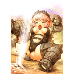Rule 34 | 1girl, armor, basaran (shadow of the colossus), blue eyes, breasts, covered erect nipples, fang, geyser, navel, one eye closed, personification, pink hair, rainbow, sexually suggestive, shadow of the colossus, shigatake, short hair, solo, wet, wince, wink
