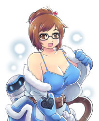 Rule 34 | 1girl, :d, bare shoulders, beads, belt, blue jacket, blush, breasts, brown eyes, brown hair, camisole, cleavage, collarbone, colonel aki, commentary, drone, fur trim, glasses, gloves, hair bun, hair ornament, hair stick, hairpin, heart, hose, jacket, large breasts, looking at viewer, mei (overwatch), no bra, open mouth, overwatch, overwatch 1, removing jacket, round teeth, simple background, single hair bun, smile, solo, tank top, teeth, upper body, utility belt