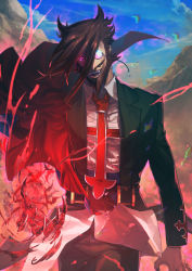 Rule 34 | 1boy, absurdres, arm at side, aura, beard, belt, claws, day, facial hair, fangs, guilty gear, highres, long hair, looking at viewer, male focus, monocle, mustache, necktie, outdoors, purple eyes, red necktie, slayer (guilty gear), solo, standing, suzuki rui