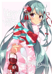 Rule 34 | 1girl, ahoge, arms behind back, beritabo, blue hair, blush, braid, closed mouth, commentary request, dated, floral print, flower, from behind, hair flower, hair ornament, hair ribbon, happy new year, highres, holding, japanese clothes, kimono, leaning forward, long hair, looking at viewer, looking back, new year, obi, original, pink background, pink kimono, print kimono, purple eyes, red flower, red ribbon, ribbon, sash, signature, smile, solo, very long hair