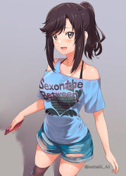 Rule 34 | 1girl, a1 (initial-g), blue shirt, blue shorts, blush, brown eyes, brown hair, brown thighhighs, cellphone, clothes writing, commentary, gradient background, grey background, holding, holding phone, ichijou hotaru, looking at viewer, non non biyori, open mouth, phone, ponytail, shirt, short hair, short sleeves, shorts, smile, solo, tan, tanline, teeth, thighhighs, torn clothes, torn shorts, twitter username