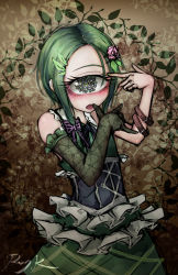 Rule 34 | 1girl, arm belt, bare shoulders, cyclops, dress, elbow gloves, flower, frilled dress, frills, gloves, green eyes, green hair, green nails, hair flower, hair ornament, hairclip, hand gesture, highres, lace, lace gloves, leaf hair ornament, looking at viewer, lotus (ray-k), matching hair/eyes, extra pupils, nail polish, one-eyed, open mouth, original, plant, ray-k, short hair, signature, single glove, sleeveless, sleeveless dress, solo, vines