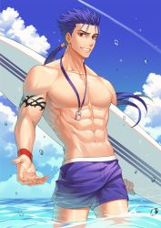 Rule 34 | 1boy, abs, arm tattoo, bare pectorals, blue hair, blue male swimwear, blue swim trunks, cloud, cowboy shot, cu chulainn (fate), cu chulainn (fate/stay night), earrings, ed (chyeon23), fate/stay night, fate (series), grin, hair strand, holding, holding surfboard, jewelry, long hair, looking at viewer, male focus, male swimwear, necklace, outdoors, pectorals, ponytail, red eyes, sky, smile, solo, standing, summer, surfboard, swim trunks, tattoo, water, whistle