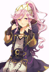 Rule 34 | 1girl, adjusting clothes, braid, breasts, cleavage, coat, cosplay, dated, fire emblem, fire emblem awakening, hairband, happy birthday, hood, kona (silent913), long hair, nintendo, olivia (fire emblem), open clothes, open coat, pink hair, ponytail, robin (female) (fire emblem), robin (fire emblem), side braid, signature, smile, solo, twin braids, white background