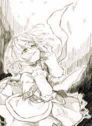 Rule 34 | 1girl, bubble, capelet, commentary, crying, dress, frilled sleeves, frills, frown, hair between eyes, hand around neck, hand on own face, highres, long sleeves, looking up, mizuhashi parsee, monochrome, one-hour drawing challenge, pointy ears, sad, sakuratsuki, scarf, sepia, short hair, solo, teardrop, touhou, yellow eyes