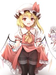 Rule 34 | 3girls, :d, ascot, black legwear, blonde hair, blush, boots, bow, bow panties, camera, clothes lift, commentary request, crotch seam, crystal, fang, flandre scarlet, hat, hat ribbon, izayoi sakuya, long hair, minust, mob cap, multiple girls, open mouth, panties, panties under pantyhose, pantyhose, puffy short sleeves, puffy sleeves, red eyes, remilia scarlet, ribbon, short sleeves, side ponytail, simple background, skindentation, skirt, skirt lift, skirt set, smile, thigh boots, thighband pantyhose, thighhighs, touhou, underwear, white background, white panties, wings, wrist cuffs