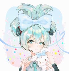 Rule 34 | 1girl, alternate hairstyle, animal, aqua eyes, aqua hair, aqua necktie, bare shoulders, blue bow, blue eyes, blush, bow, cinnamiku, cinnamoroll, closed mouth, crossover, detached sleeves, ear bow, fymrie, grabbing another&#039;s ear, hair bow, hand on another&#039;s ear, hands up, hatsune miku, headset, heart, heart of string, holding, holding animal, necktie, portrait, sanrio, smile, tied ears, updo, vocaloid, white background