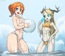 Rule 34 | 2girls, :d, abs, antlers, ball, beachball, bikini, blonde hair, blue eyes, blue sky, breasts, cleft of venus, cloud, cloudy sky, dovahkiin, dovakini-chan, draugr (the elder scrolls), english text, female pubic hair, food, hand on own hip, highres, holding, holding ball, holding beachball, holding food, horns, iceberg, large breasts, long hair, looking at viewer, moomin, moomintroll, multiple girls, muscular, muscular female, navel, nisetanaka, open mouth, orange hair, outdoors, panties, ponytail, popsicle, pov, pubic hair, sky, smile, snowing, stomach, striped clothes, striped panties, swimsuit, the elder scrolls, the elder scrolls v: skyrim, underwear, water, white bikini, yellow bikini, zombie