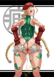 Rule 34 | 1girl, ahoge, anal, anal fingering, anus, ass, beret, blonde hair, blue eyes, blush, braid, cammy white, capcom, censored, clothing aside, crying, cum, female focus, fingering, fingerless gloves, gloves, hand on ass, hat, highres, huge ass, leotard, leotard aside, looking back, muscular, peeing, pussy, pussy juice, pussy juice trail, saliva, shibire hitsuji, simple background, spread ass, street fighter, sweat, tears, thong, thong leotard, tongue, tongue out, twin braids