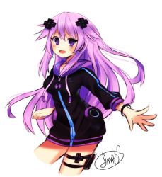 Rule 34 | 10s, 1girl, adult neptune, blush, d-pad, hair ornament, hood, hooded track jacket, jacket, long hair, looking at viewer, mayomi, neptune (neptunia), neptune (series), open mouth, purple eyes, purple hair, smile, solo, track jacket, transparent background