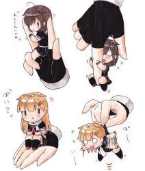 Rule 34 | 2girls, ahoge, black serafuku, black skirt, black socks, blonde hair, blush, brown hair, commentary request, fingerless gloves, flying sweatdrops, gloves, hair flaps, hair ornament, hair ribbon, hairclip, highres, kantai collection, kneehighs, long hair, mini person, minigirl, multiple girls, multiple views, neckerchief, o o, open mouth, pleated skirt, poipoi purin, ribbon, scarf, school uniform, serafuku, shigure (kancolle), shigure kai ni (kancolle), short sleeves, simple background, skirt, socks, translation request, white background, white scarf, yuudachi (kancolle), yuudachi kai ni (kancolle)