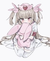 Rule 34 | 1girl, armband, blush, closed mouth, dress, full body, hair ornament, hair spread out, hat, heart, highres, hugging object, light brown hair, long hair, looking at viewer, natori sana, noyama (prosiuttooishi), nurse cap, pink eyes, pink hat, rabbit hair ornament, sana channel, simple background, sitting, solo, stuffed animal, stuffed rabbit, stuffed toy, thighhighs, two side up, wariza, white background, white dress, white thighhighs
