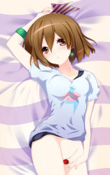 Rule 34 | 1girl, bluetheater, bottomless, brown eyes, brown hair, censored, earrings, food, fruit, hirasawa yui, jewelry, k-on!, listen!!, lying, no panties, pussy, revision, solo, star (symbol), strawberry, uncensored