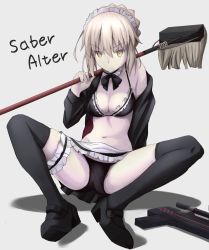 Rule 34 | 1girl, absurdres, artoria pendragon (all), artoria pendragon (alter swimsuit rider) (second ascension) (fate), artoria pendragon (fate), bikini, black leggings, black panties, blonde hair, breasts, bridal garter, broom, fate/grand order, fate (series), gun, highres, karaage bou, leggings, maid, maid bikini, maid headdress, mary janes, panties, saber (fate), saber alter, shoes, simple background, skirt, swimsuit, unconventional maid, underwear, weapon, yellow eyes