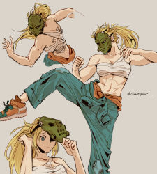 Rule 34 | 1girl, abs, bandages, bare shoulders, blonde hair, carrotsprout, dorohedoro, foot out of frame, grey background, highres, hockey mask, leg up, long hair, looking at viewer, mask, midriff, multiple views, nikaidou (dorohedoro), orange footwear, ponytail, sarashi, shoes, simple background, twitter username