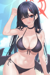 Rule 34 | 1girl, absurdres, bikini, black bikini, black choker, black eyes, black hair, black wings, blue archive, blush, breasts, choker, collarbone, cowboy shot, feathered wings, hair ornament, hairclip, halo, highres, ichika (blue archive), large breasts, long hair, looking at viewer, low wings, navel, ni tamago sando, one eye closed, open mouth, red halo, smile, solo, swimsuit, wings