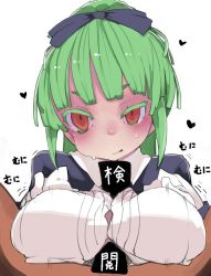 Rule 34 | 1boy, 1girl, between breasts, blunt bangs, breasts, censored, green hair, hair ornament, heart, hetero, kimura akiyoshi, looking at viewer, nude, paizuri, paizuri under clothes, pov, red eyes, simple background, white background