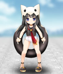 Rule 34 | 1girl, black hair, blush, character request, child, choker, collarbone, emil chronicle online, eyebrows, full body, hat, highres, holding, huyusilver, innertube, long hair, looking at viewer, necktie, purple eyes, shoes, standing, swim ring