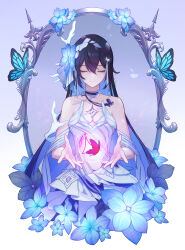 Rule 34 | 1girl, animal, bare shoulders, blue flower, breasts, bug, butterfly, chest tattoo, closed mouth, colored inner hair, dress, eun (eunice), flower, hair between eyes, hair flower, hair ornament, highres, honkai (series), honkai impact 3rd, insect, long hair, medium breasts, multicolored hair, red butterfly, seele (alter ego), seele vollerei, seele vollerei (herrscher of rebirth), simple background, tattoo, upper body, very long hair, white background, white dress