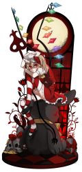 Rule 34 | 1girl, absurdres, animal ears, ascot, blonde hair, crystal, fake animal ears, flandre scarlet, flower, full moon, hat, hat ribbon, highres, laevatein, leg up, mary janes, mob cap, moon, nail polish, puffy sleeves, red eyes, ribbon, sbr (songje096), shirt, shoes, short sleeves, side ponytail, sitting, skirt, skirt set, skull, solo, striped clothes, striped thighhighs, stuffed animal, stuffed toy, thighhighs, touhou, vest, wings