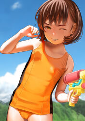Rule 34 | 1girl, absurdres, alternate color school swimsuit, blue sky, blurry, blurry background, brown eyes, brown hair, cameltoe, cloud, commentary request, cowboy shot, cumulonimbus cloud, curled fingers, day, depth of field, female focus, grin, hand up, highres, holding, holding water gun, jishimaru, looking at viewer, mountain, mountainous horizon, old school swimsuit, one-piece swimsuit, one eye closed, orange one-piece swimsuit, original, outdoors, paid reward available, parted lips, school swimsuit, shadow, short hair, sky, smile, solo, standing, swimsuit, two-tone swimsuit, water gun, wink