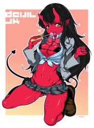 Rule 34 | 1girl, bikini, black hair, blazer, blue nails, breasts, candy, colored skin, demon girl, demon horns, demon tail, food, front-tie shirt, front-tie top, highres, horns, jacket, kneeling, loafers, lollipop, long hair, looking at viewer, medium breasts, micro bikini, microskirt, mudou eichi, nail polish, navel, oni, original, outside border, p, pointy ears, red oni, red skin, school uniform, shirt, shoes, skirt, slit pupils, solo, sweat, swimsuit, tail, tied shirt, yellow eyes
