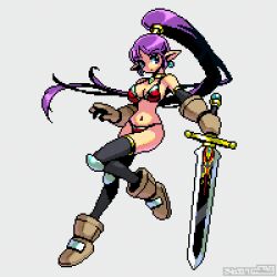 Rule 34 | 1girl, bikini, black thighhighs, blue eyes, boots, breasts, earrings, elbow gloves, full body, gloves, high ponytail, holding, holding sword, holding weapon, jewelry, large breasts, long hair, mabius, navel, original, pixel art, pointy ears, purple hair, red bikini, simple background, solo, swimsuit, sword, thighhighs, very long hair, weapon